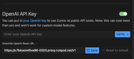Cursor OpenAI API key settings with the base URL overridden to a Runpod proxy endpoint