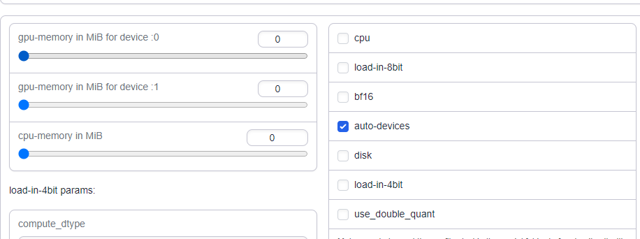Oobabooga model settings with per-device GPU-memory sliders and the auto-devices option enabled