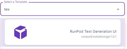 Runpod template search showing the Runpod Text Generation UI template (Runpod/oobabooga:1.0.1)