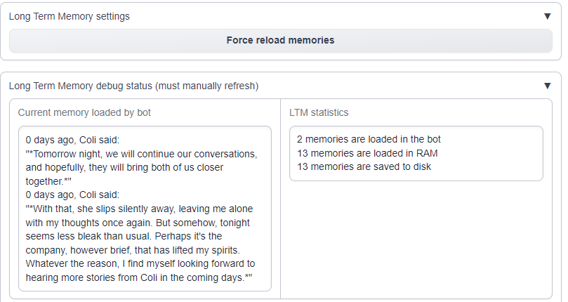 Long Term Memory settings and debug status showing memories loaded by the bot and LTM statistics