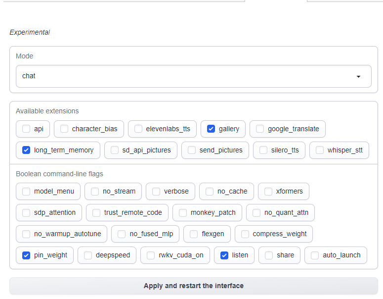 Oobabooga settings page with long_term_memory and gallery extensions checked under available extensions