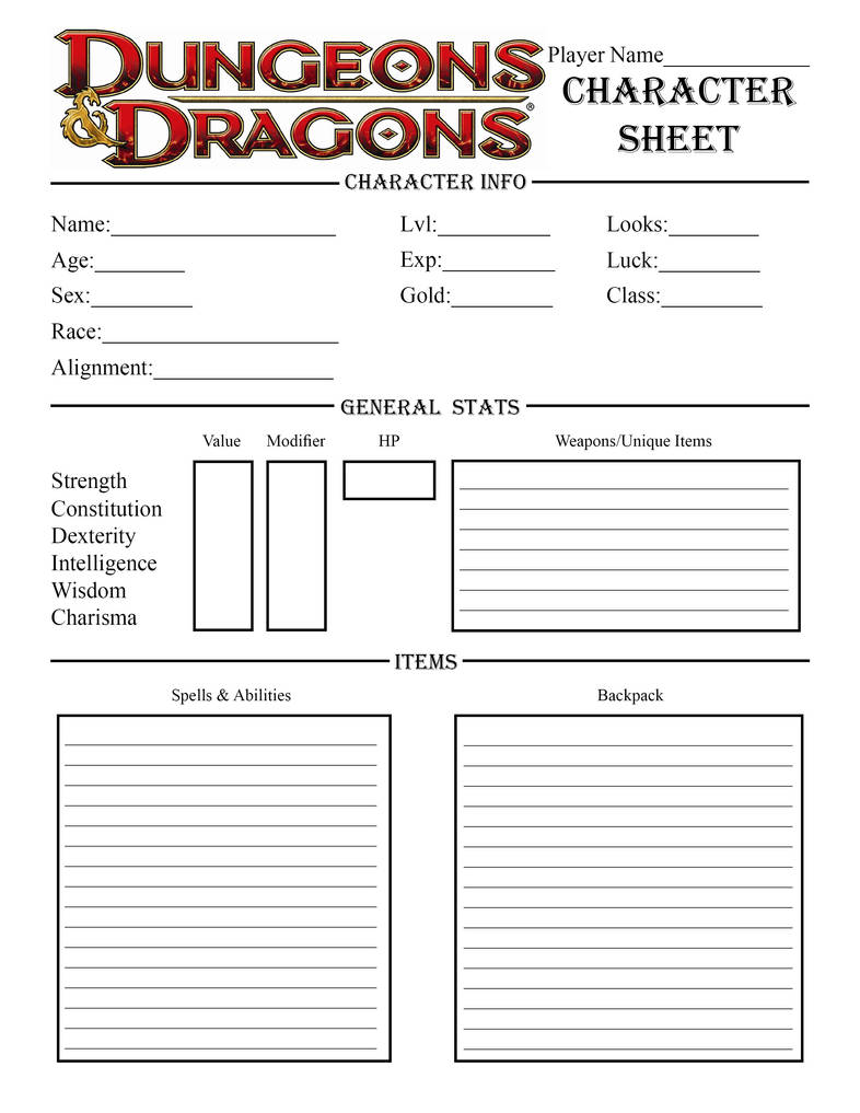 Blank Dungeons & Dragons character sheet with fields for character info, stats, and items