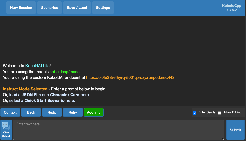 KoboldAI Lite web UI welcome screen in Instruct Mode connected to a Runpod proxy endpoint