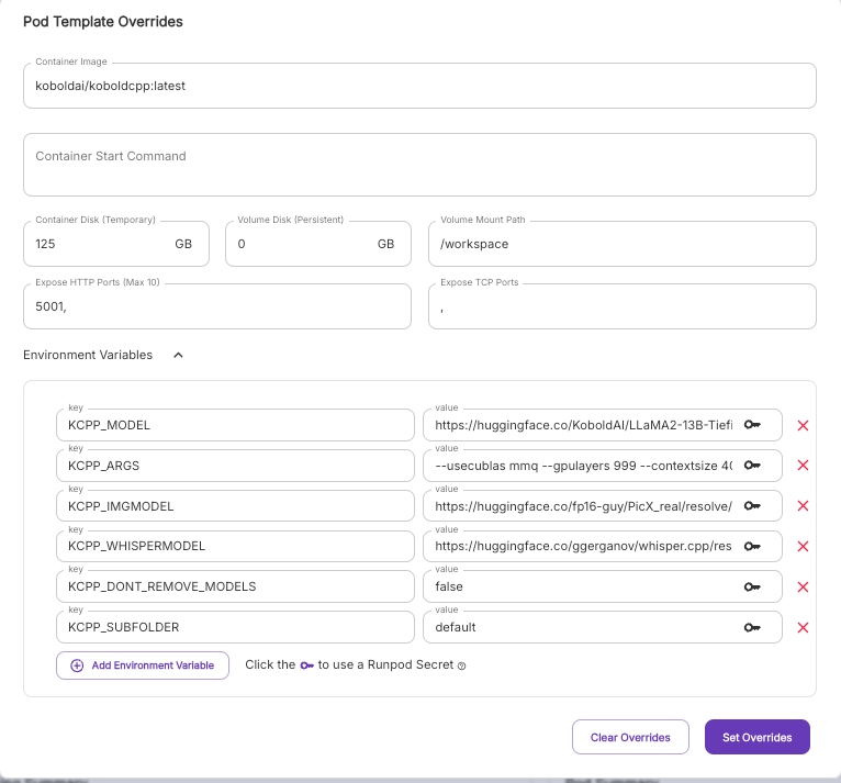 Runpod pod template overrides form with the koboldcpp container image and KCPP environment variables