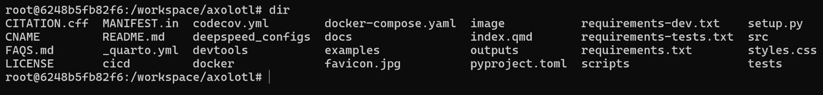 Terminal listing the contents of the Axolotl repository directory