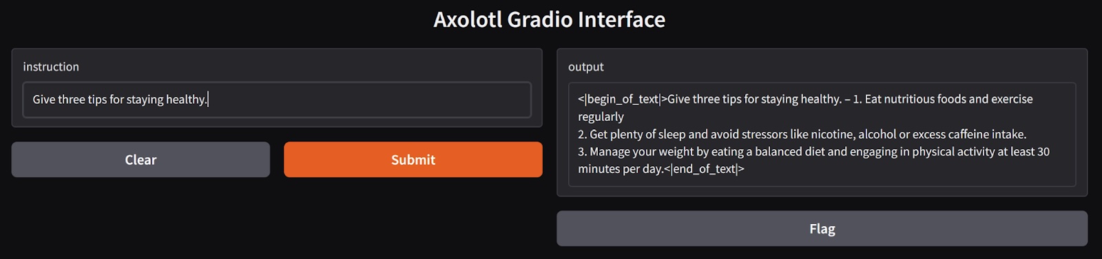 Axolotl Gradio interface showing a health-tips prompt and the fine-tuned model's response