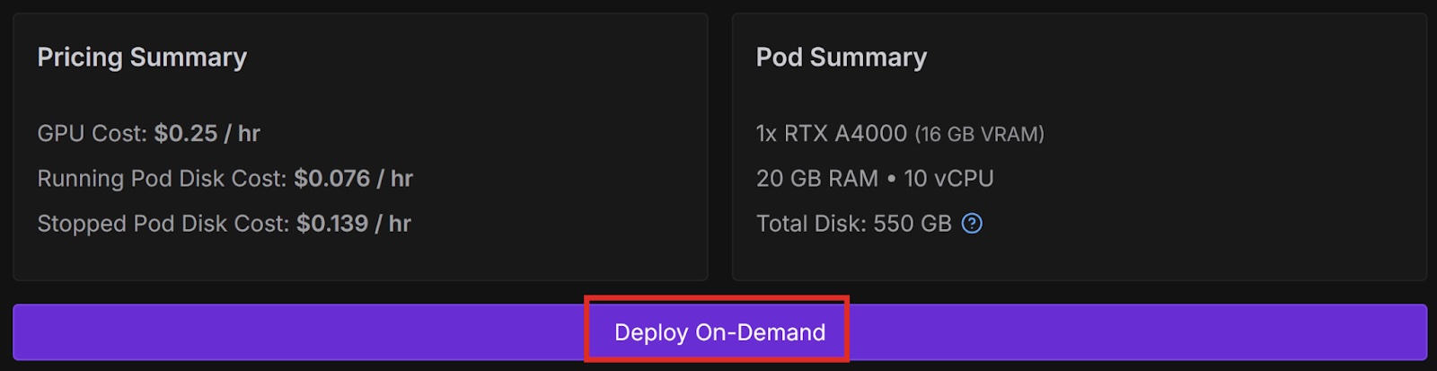 Runpod console pricing and pod summary for an RTX A4000 with the Deploy On-Demand button highlighted