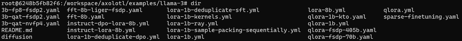 Terminal listing YAML config files in the Axolotl llama-3 examples folder