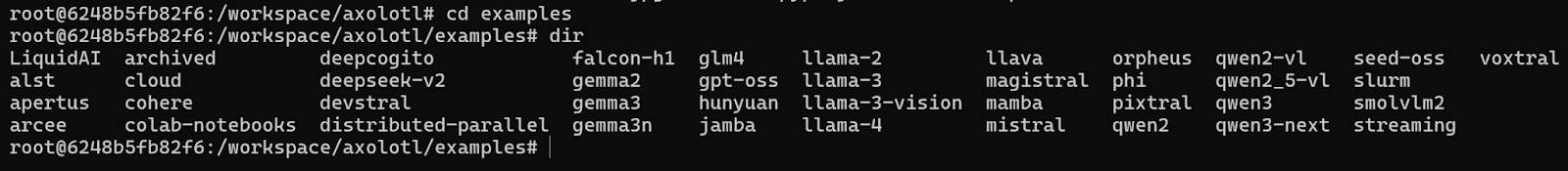 Terminal listing model folders in the Axolotl examples directory