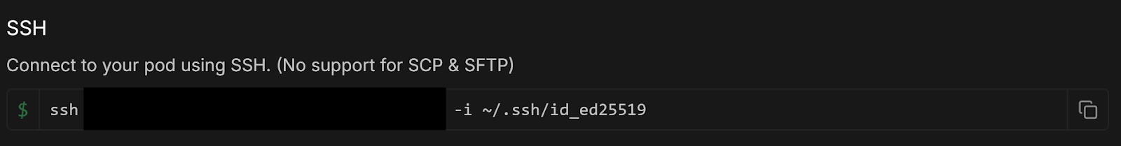 Runpod console SSH connection panel showing the SSH command for connecting to a pod