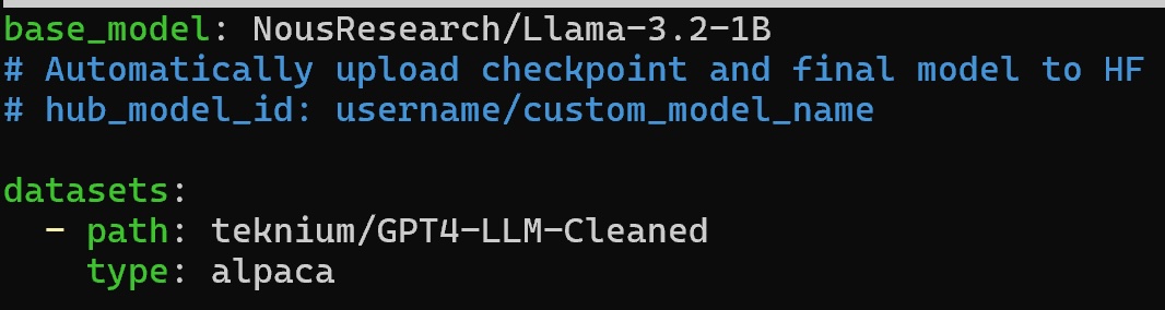 Axolotl YAML config snippet setting Llama-3.2-1B as the base model with an Alpaca-format dataset
