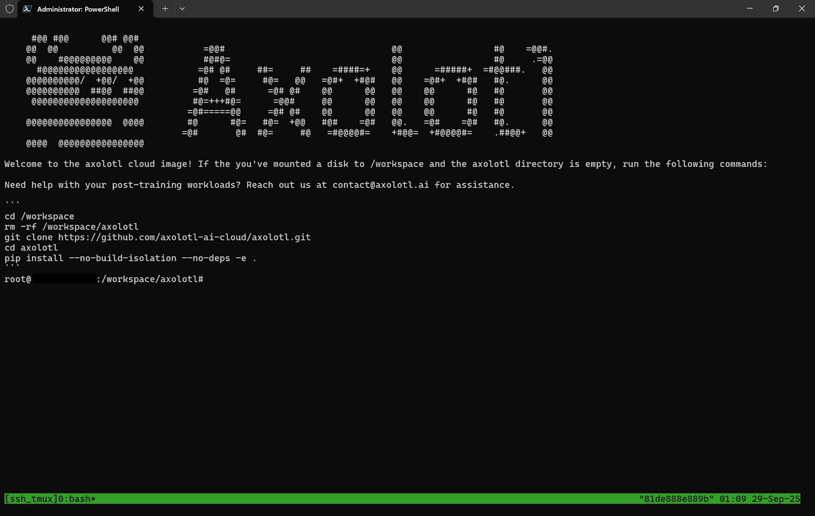 Terminal showing the Axolotl cloud image welcome banner after connecting to a pod over SSH