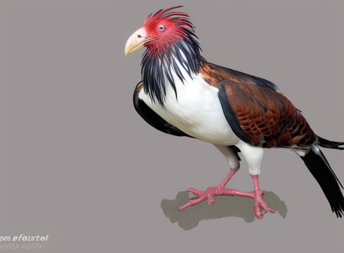 AI-generated hybrid bird with spiky red crest, white breast, and brown wings standing against a gray background