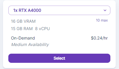 Runpod GPU selection card for 1x RTX A4000 with 16 GB VRAM at $0.24/hr on-demand