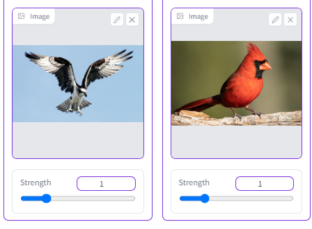 Image Mixer interface with two input photos, an osprey in flight and a cardinal, each with strength sliders