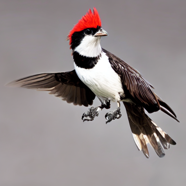 AI-generated hybrid bird with red crest and black-and-white plumage in flight, blending cardinal and osprey traits
