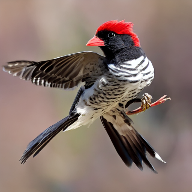 AI-generated bird with red cap and speckled black-and-white plumage in flight, mixing cardinal and osprey features