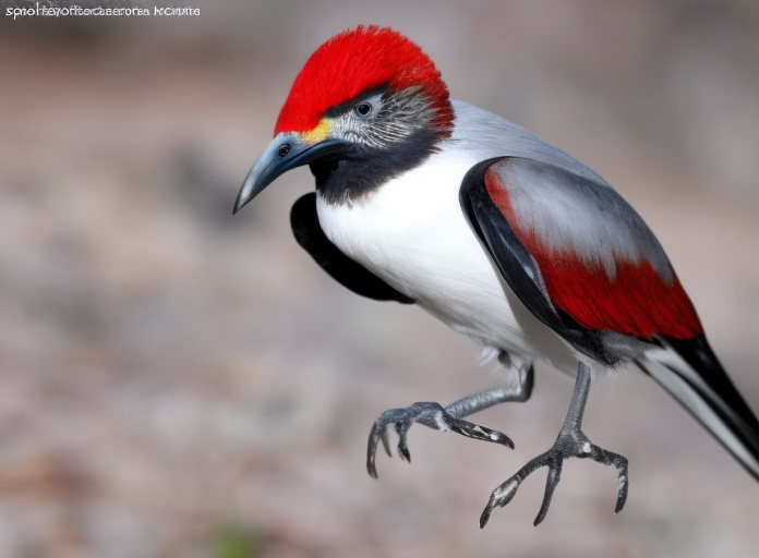 AI-generated hybrid bird with red crown and gray-and-red wings leaping with talons extended