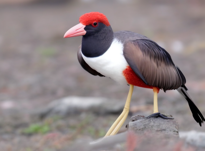 AI-generated hybrid bird with red head, white breast, and long pale legs standing on rocky ground