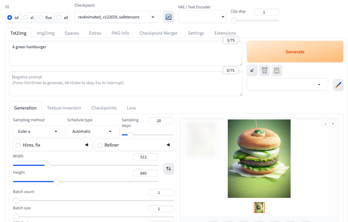 Stable Diffusion WebUI Forge txt2img tab generating a green hamburger image