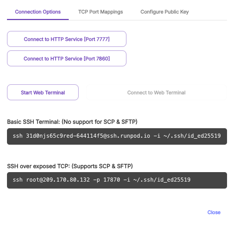 Runpod pod connection options with HTTP service ports, web terminal, and SSH commands