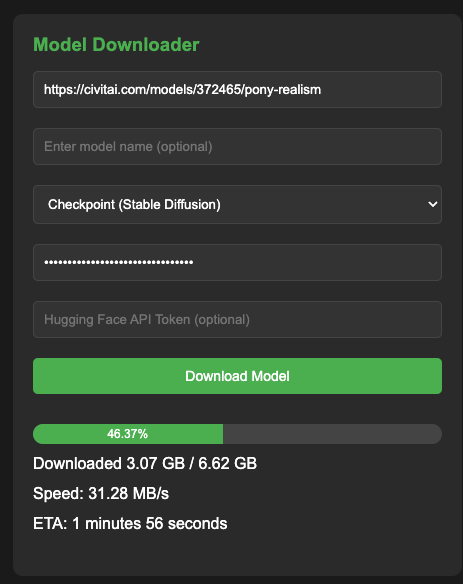 Model Downloader panel showing a Civitai checkpoint download at 46 percent with speed and ETA