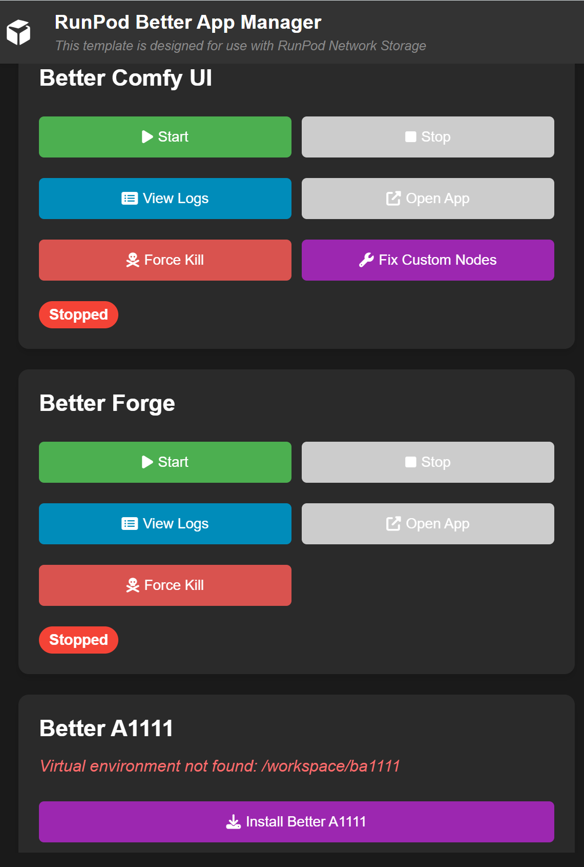 Runpod Better App Manager listing Better Comfy UI, Better Forge, and Better A1111 with start and stop controls
