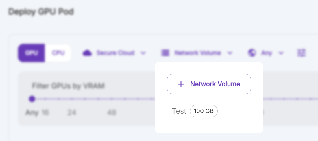 Runpod Deploy GPU Pod page with the Network Volume dropdown showing a 100 GB volume named Test