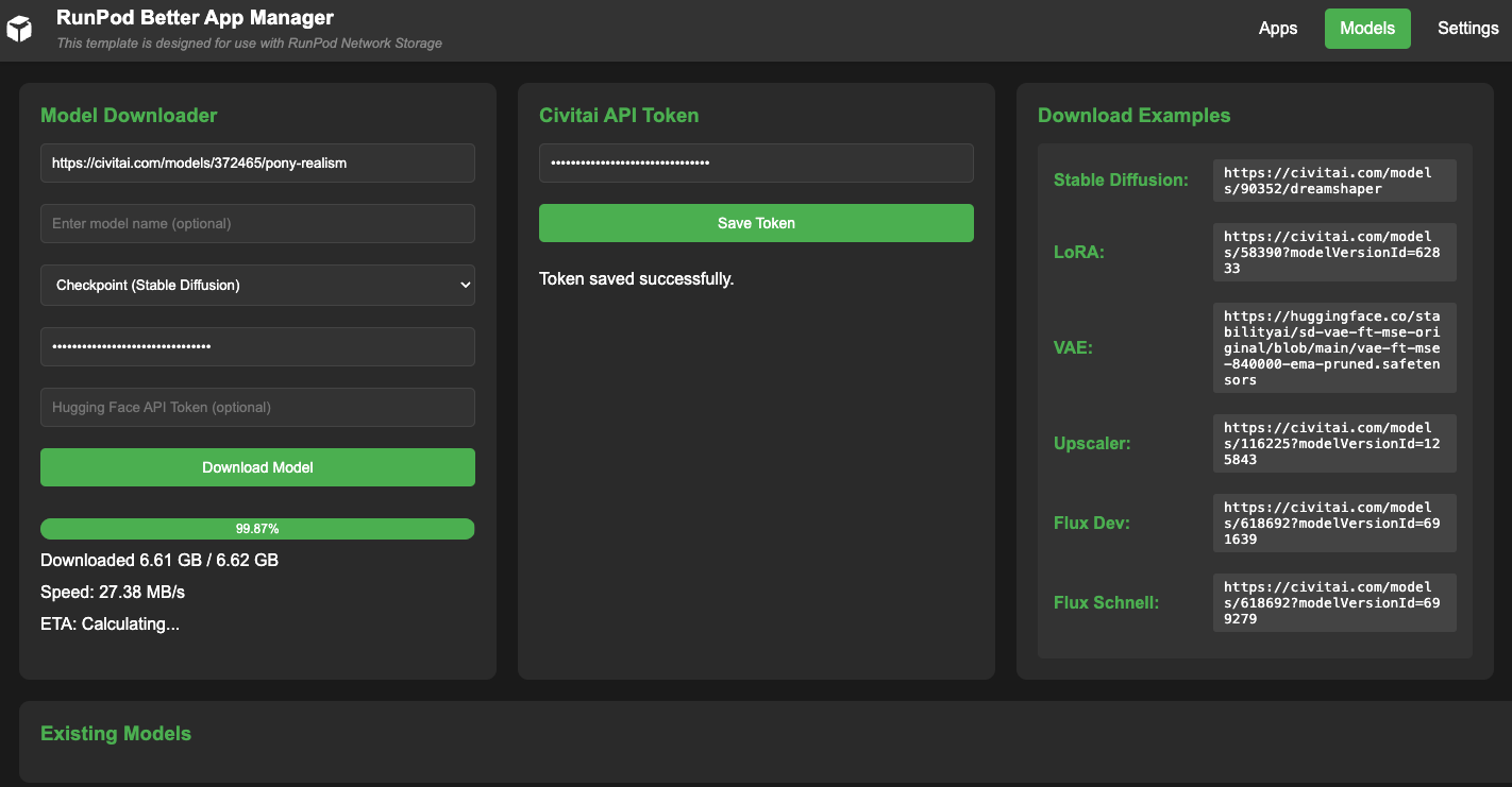 Better App Manager Models tab with a Civitai model download in progress and example download URLs