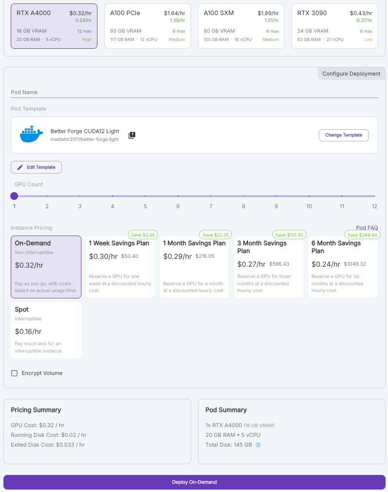 Runpod deployment page for the Better Forge template showing GPU options, savings plans, and pricing summary
