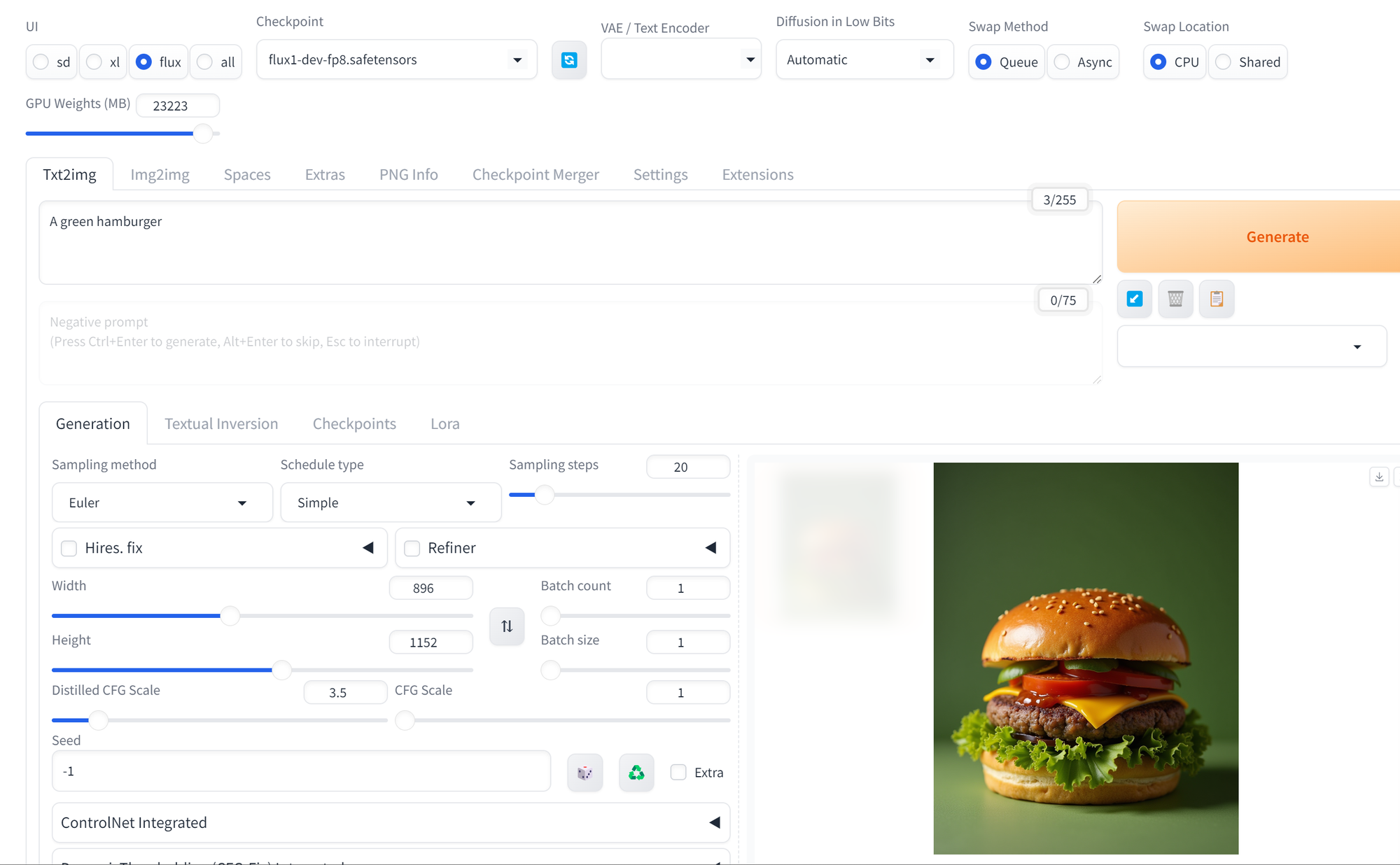 Forge web UI with a Flux dev checkpoint generating a green hamburger from a text prompt