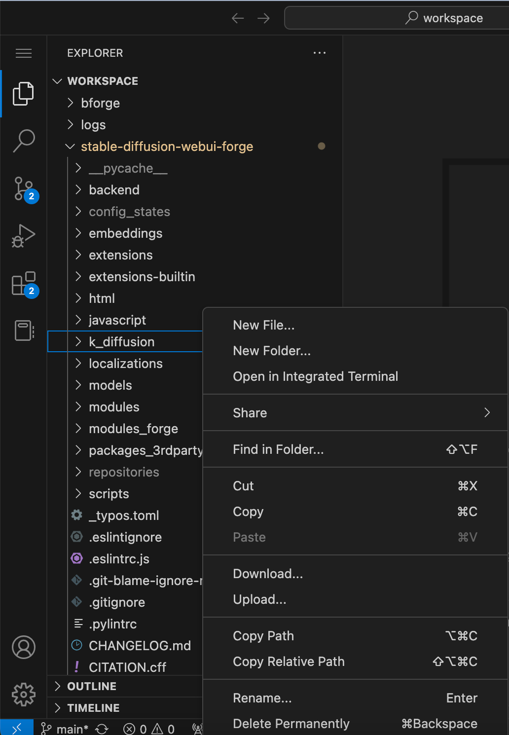 VS Code file explorer on the stable-diffusion-webui-forge folder with a right-click menu showing Download and Upload