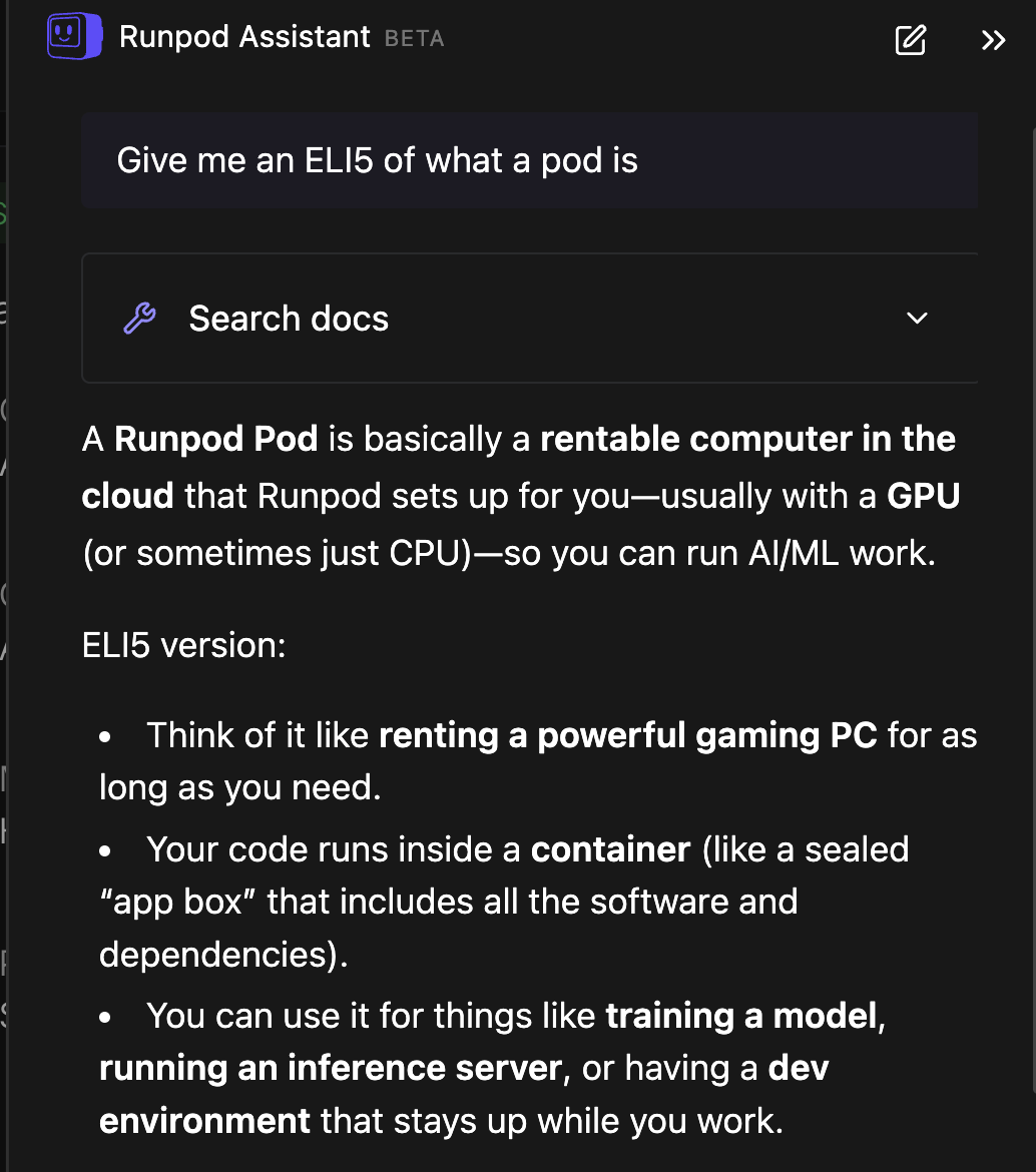 Runpod Assistant chat panel explaining what a pod is in response to an ELI5 question
