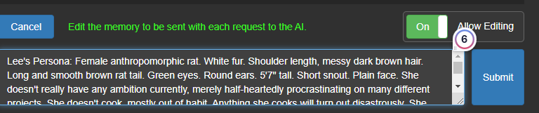 KoboldAI memory editor showing a character persona sent with each request to the AI