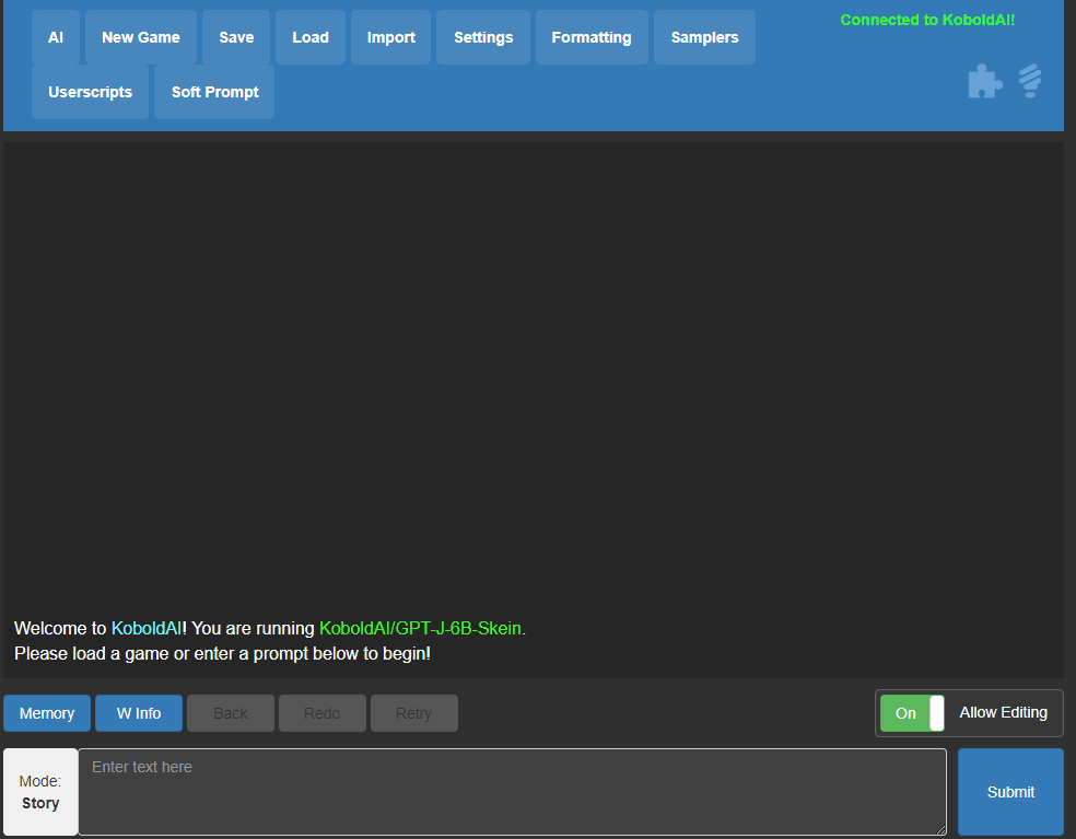 KoboldAI web interface connected and running the GPT-J-6B-Skein model in story mode