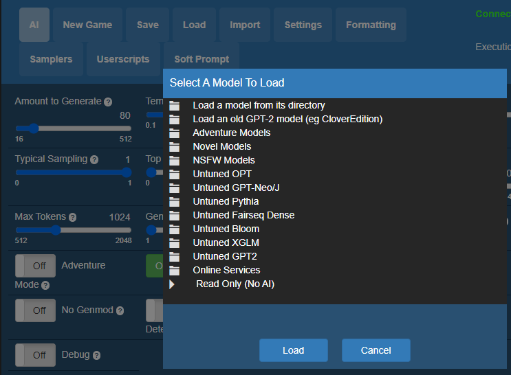 KoboldAI Select A Model To Load menu listing categories like Novel, Adventure, and Untuned models