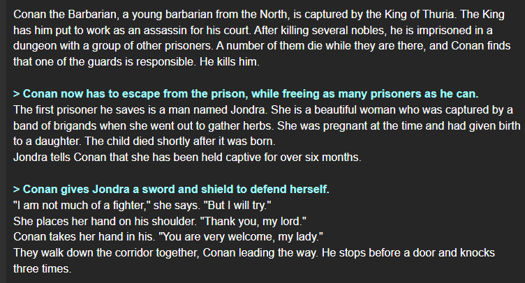 KoboldAI story transcript of a Conan the Barbarian roleplay with player actions highlighted in green