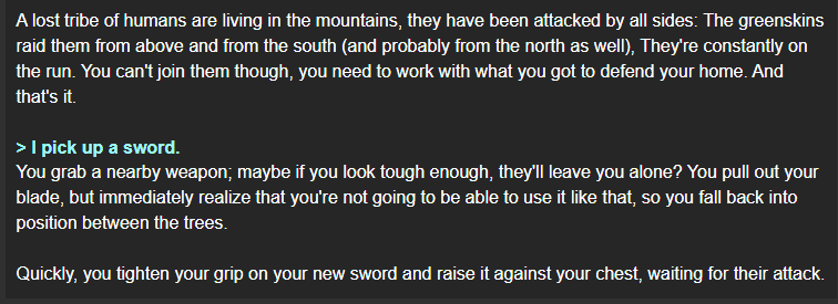 KoboldAI adventure transcript where the player picks up a sword to help defend a mountain tribe