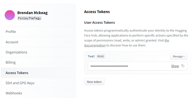 Hugging Face settings page showing the Access Tokens section with a read token and New token button