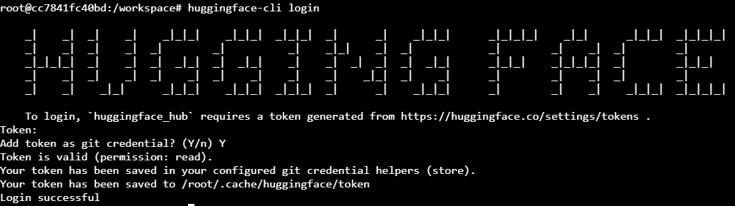 Terminal output of huggingface-cli login showing the token accepted and login successful