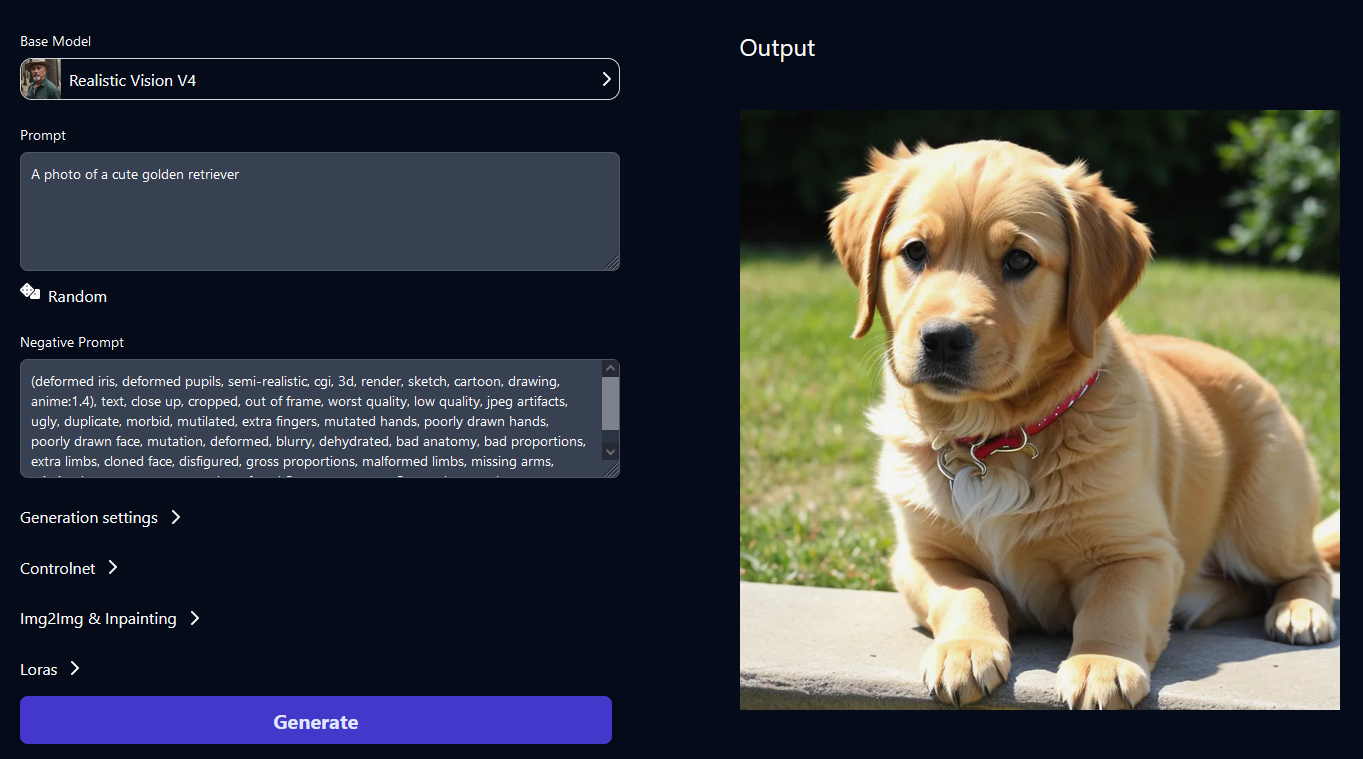 Stable Diffusion web UI with prompt 'a photo of a cute golden retriever' and the generated puppy output