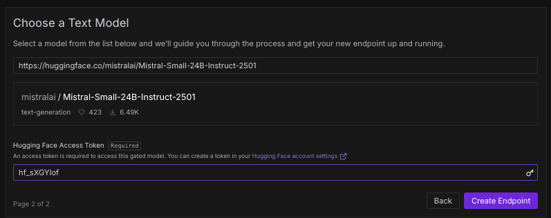 Runpod Choose a Text Model screen with Mistral-Small-24B-Instruct-2501 and a Hugging Face token field