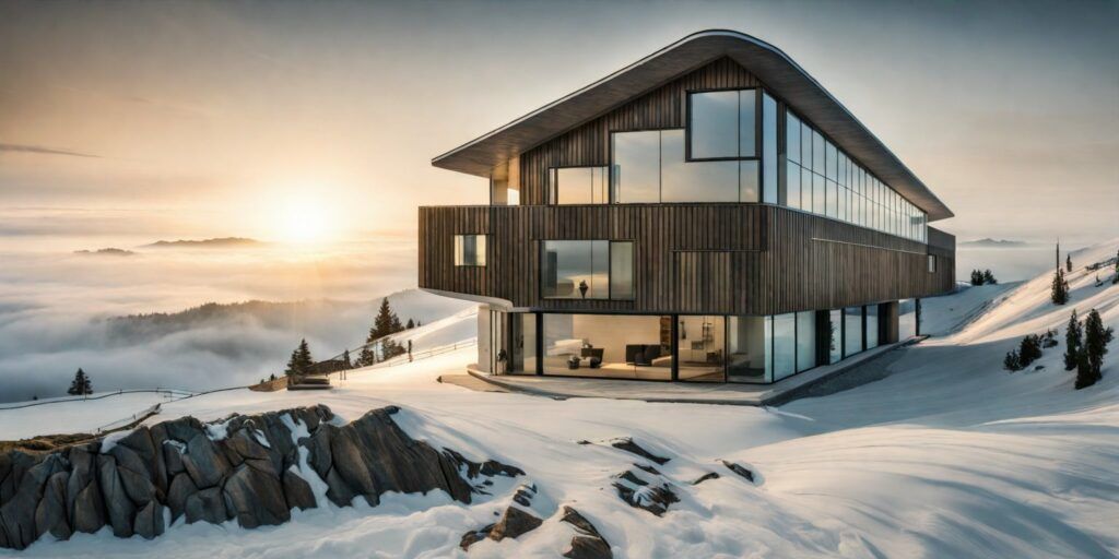AI-generated image of a modern wooden house on a snowy mountainside above the clouds at sunrise