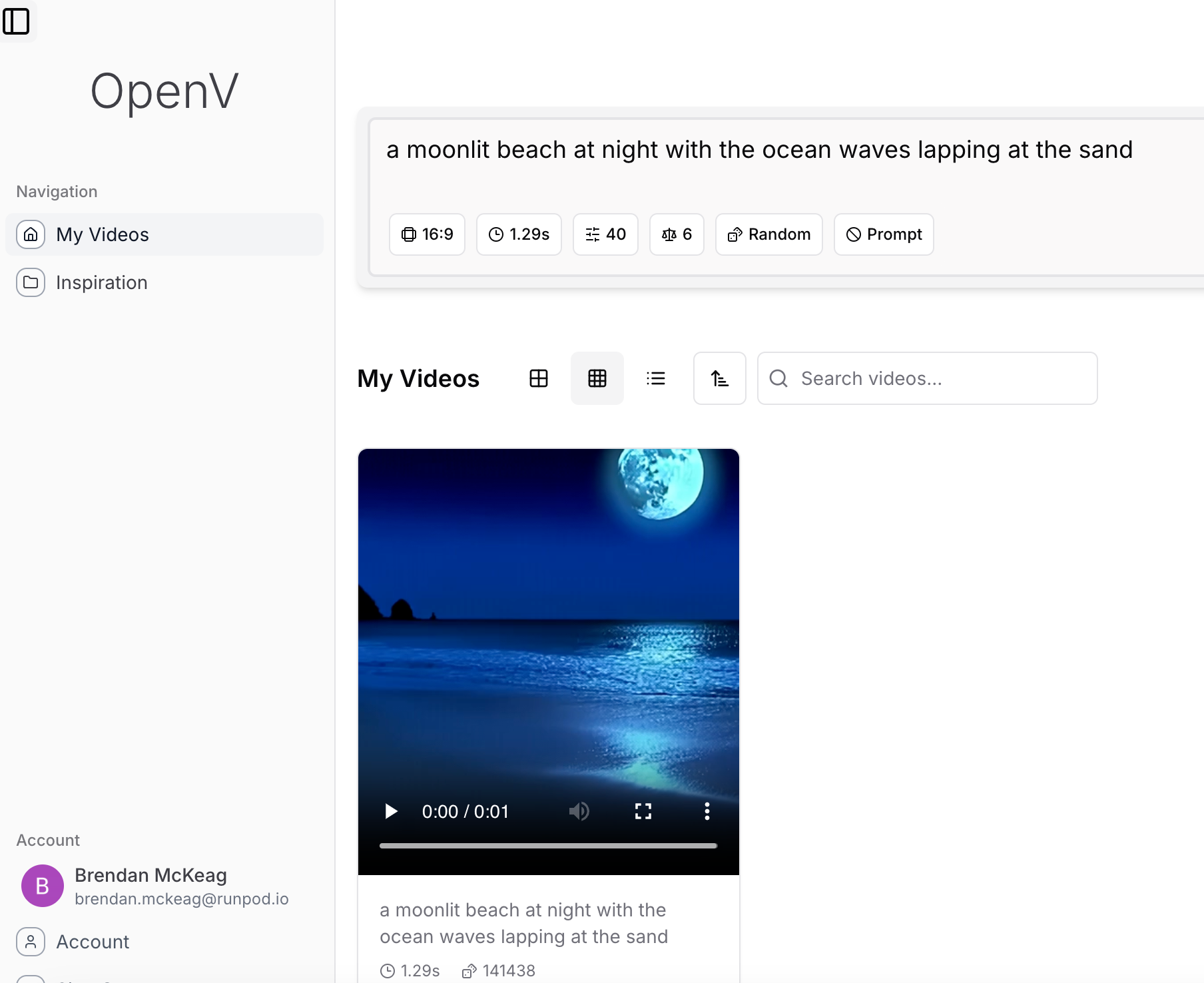 OpenV video generator showing an AI-generated clip of a moonlit beach with ocean waves