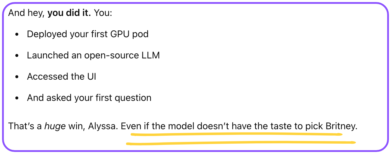 Highlighted recap listing deploying a GPU pod, launching an open-source LLM, accessing the UI, and asking a question