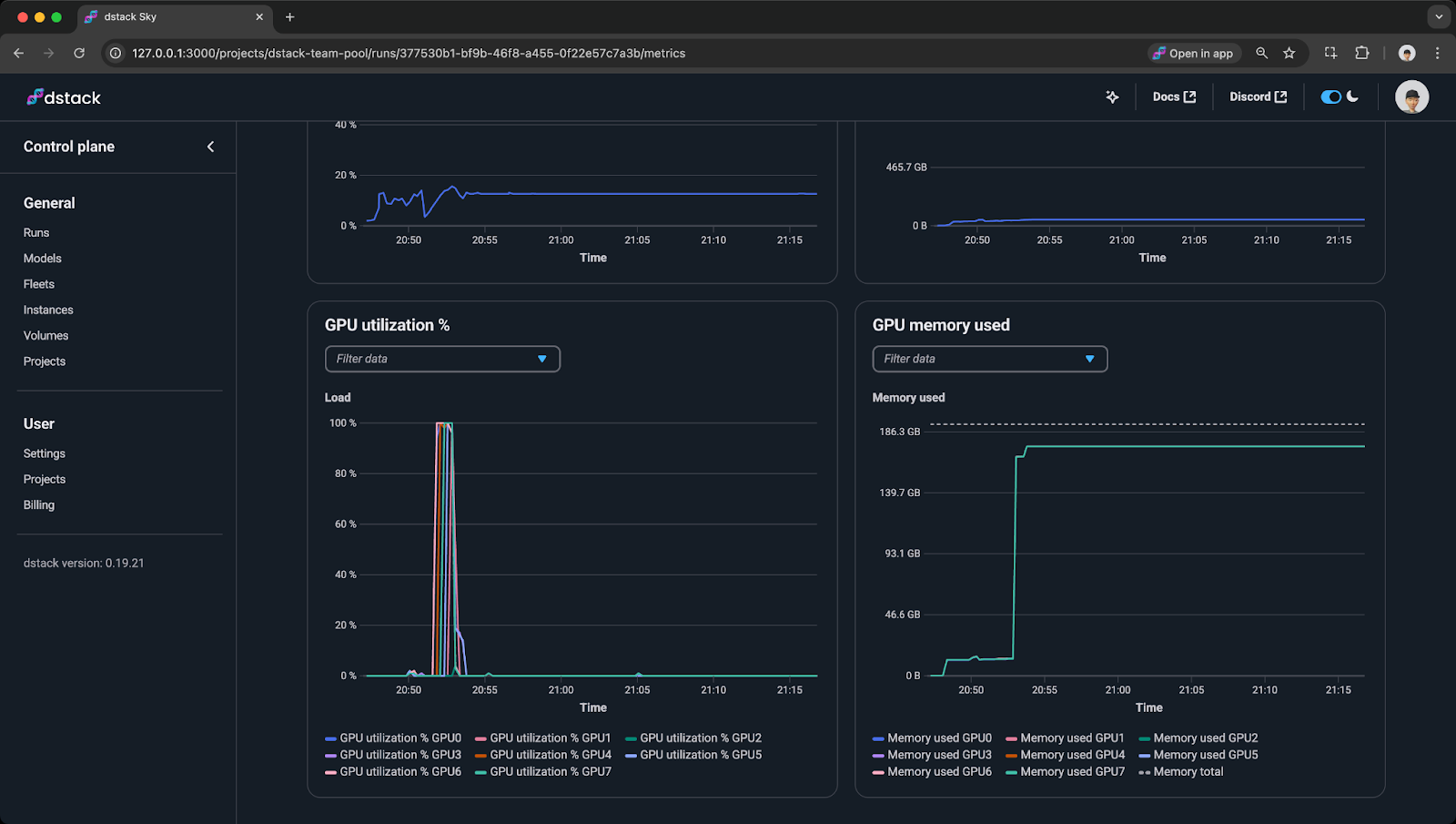 dstack control plane showing GPU utilization and GPU memory charts for a run