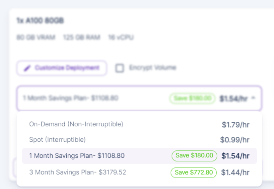 Pricing dropdown for a 1x A100 80 GB pod comparing on-demand, spot, and 1 and 3 month savings plans
