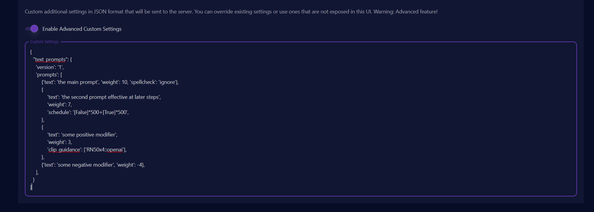 Disco Diffusion advanced custom settings JSON with scheduled text prompts, weights, and clip guidance