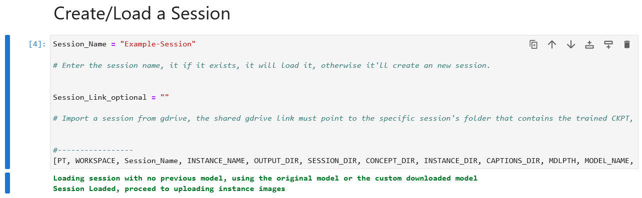 Create/Load a Session notebook cell with Session_Name set to Example-Session and a session loaded message