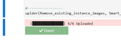 Notebook upload progress bar showing 6/6 images uploaded with a Done button